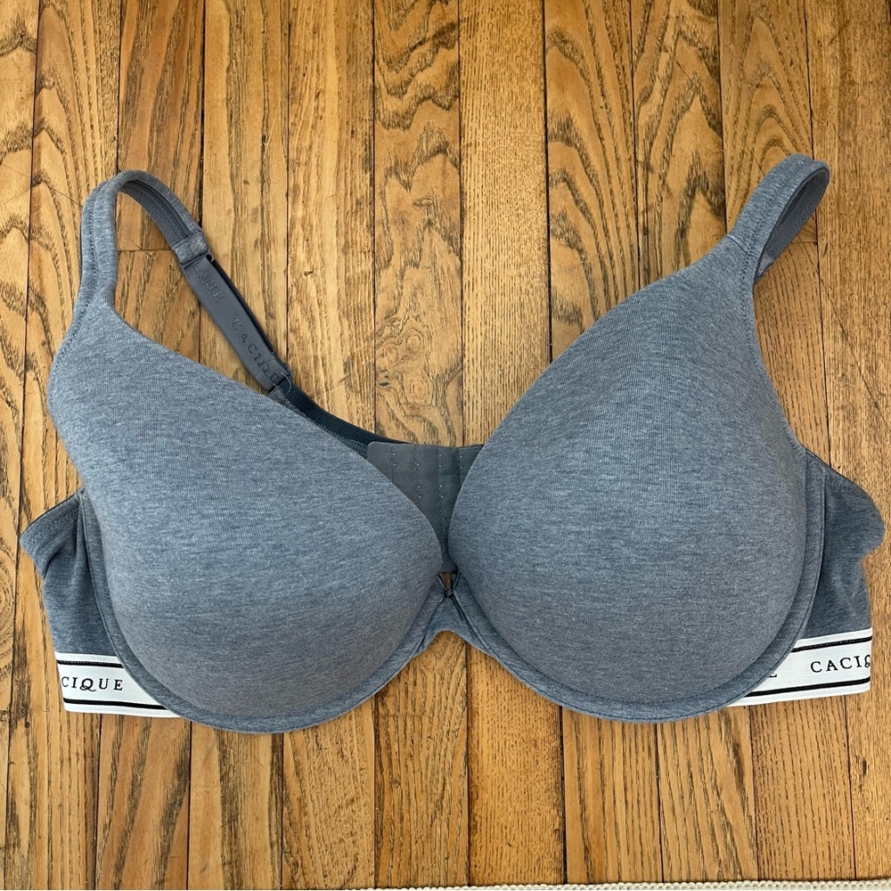 Cacique Boost Plunge Bra 44DDD Gray White Band Curvy Supportive Feminine